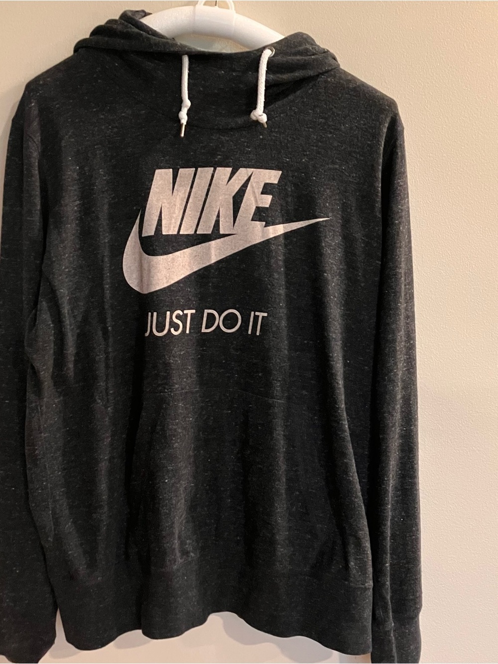 Nike Men’s Black Hoodie Sweatshirt with White Swoosh (very small patched hole)